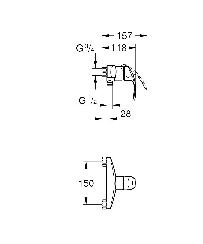 Grohe Eurosmart suihkuhana, 23949002, kromi, mittakuva
