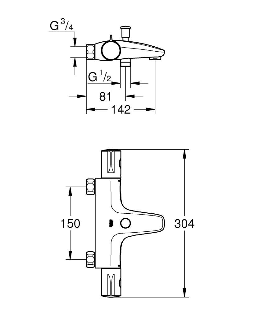Grohe Grohtherm 800 termostaatti amme- ja suihkuhana, 34754000, kromi, mittakuva