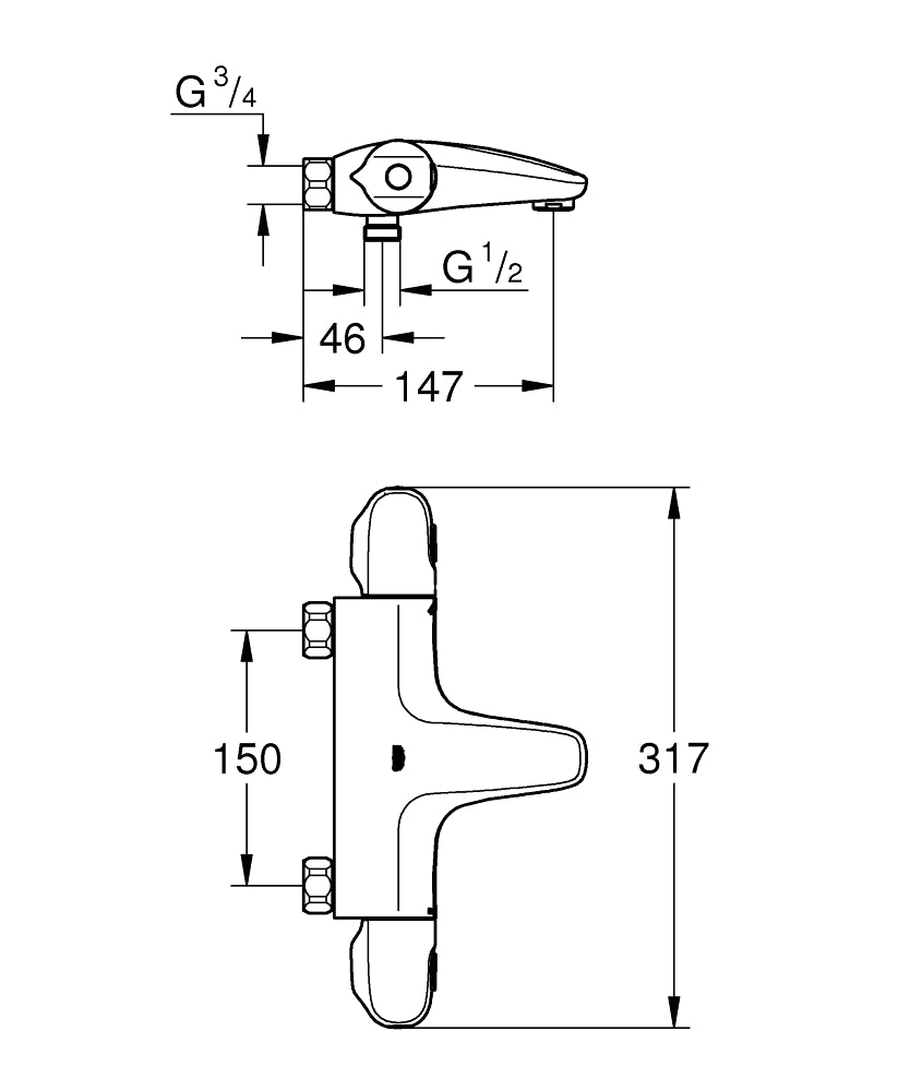 Grohe Grohtherm termostaatti amme- ja suihkuhana, 34761000, mittakuva