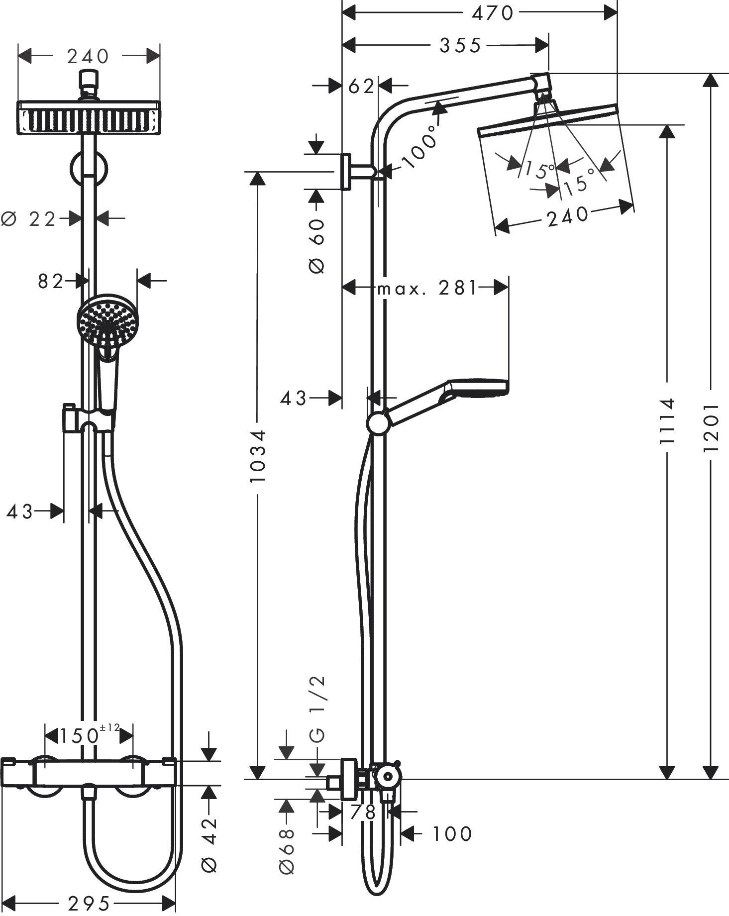 Hansgrohe Crometta E Showerpipe 240 1jet EcoSmart suihkutermostaatti, 26596000, kromi, mittakuva