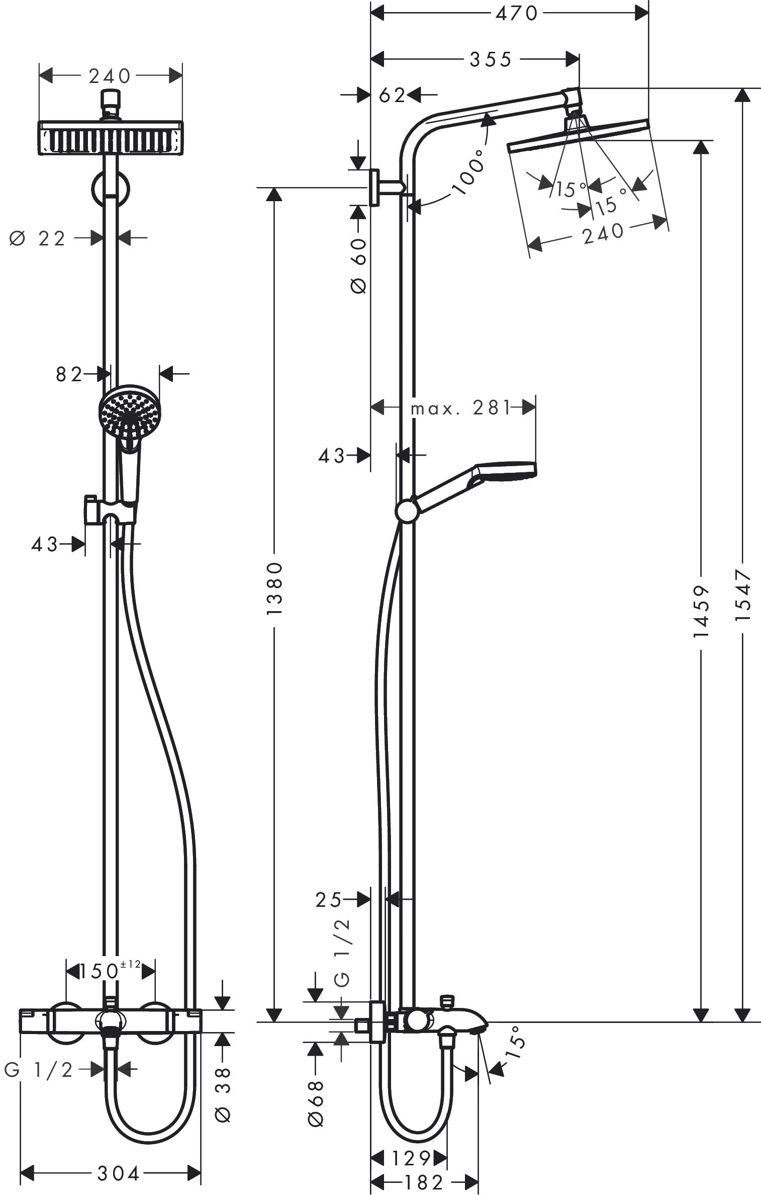 Hansgrohe Crometta E Showerpipe 240 1jet, amme/suihkutermostaatti, 27869000, kromi, mittakuva