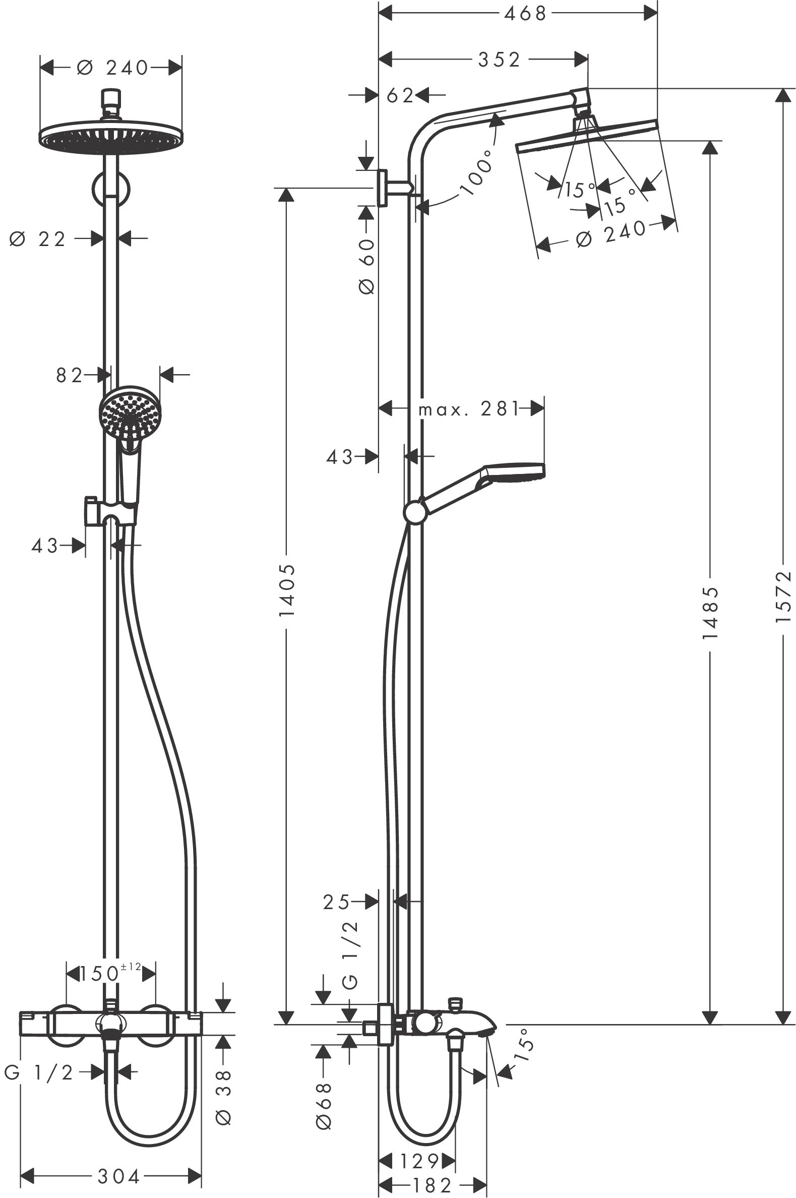 Hansgrohe Crometta S Showerpipe 240 1jet, amme/suihkutermostaatti, 27892000, kromi, mittakuva