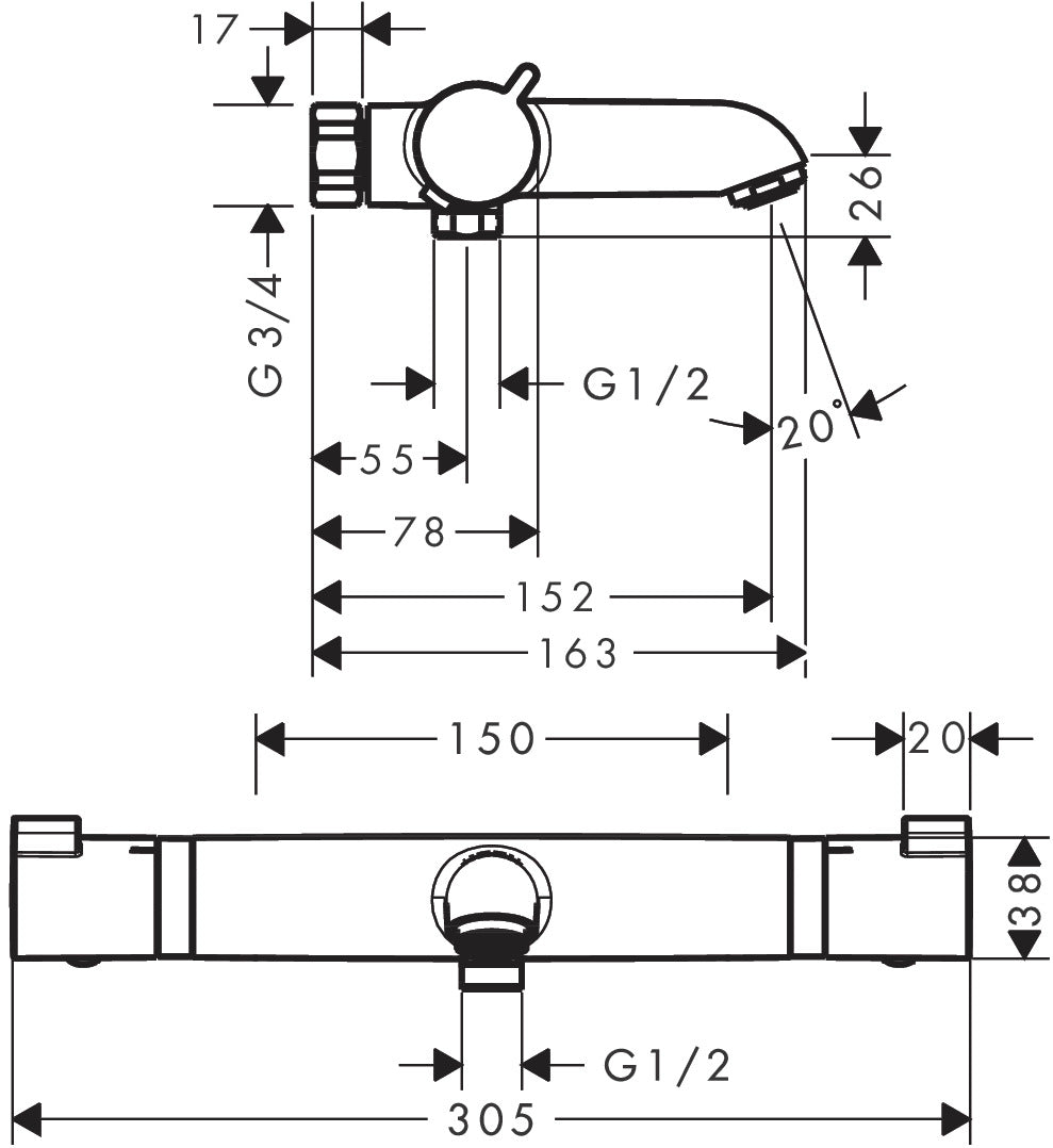 Hansgrohe Ecostat amme- ja suihkutermostaatti Comfort Nordic, pinta-asennus, 13186670, mattamusta, mittakuva