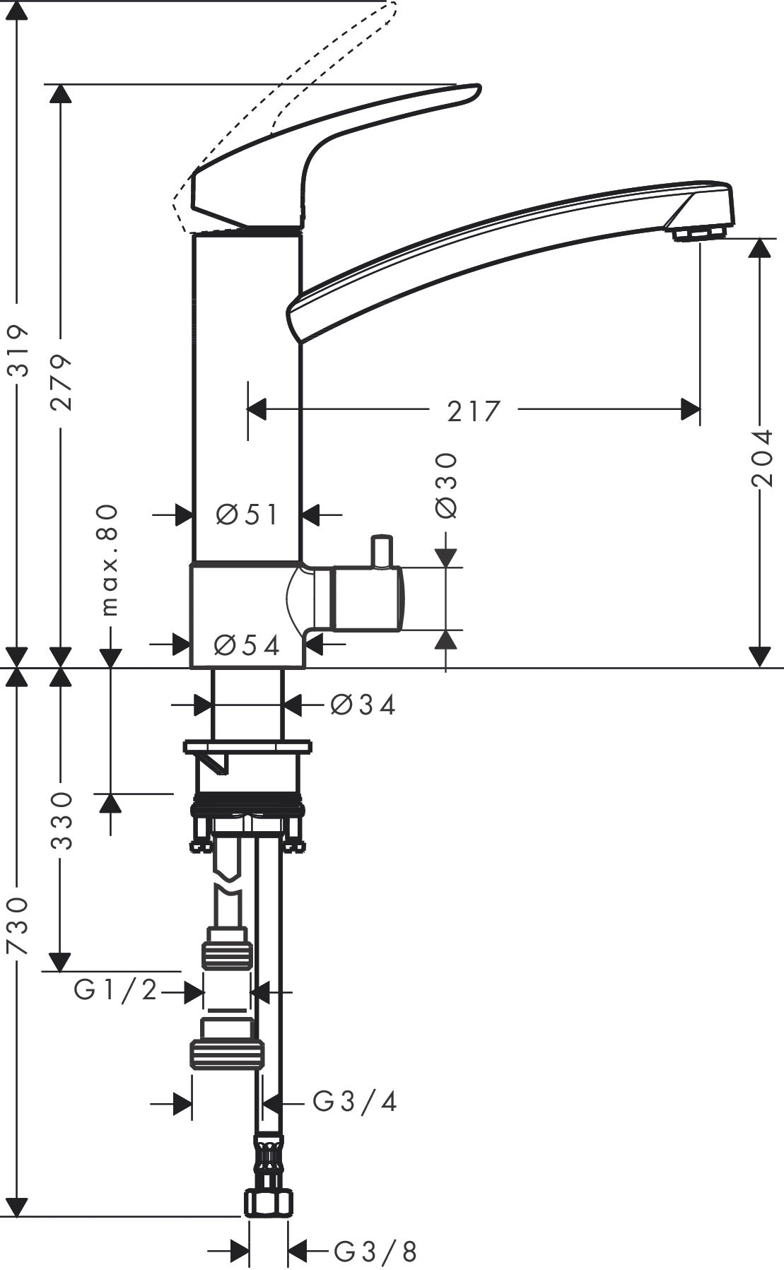 Hansgrohe Focus M41 yksiote keittiöhana 200 1jet, pesukoneventtiili, 31842000, kromi, mittakuva