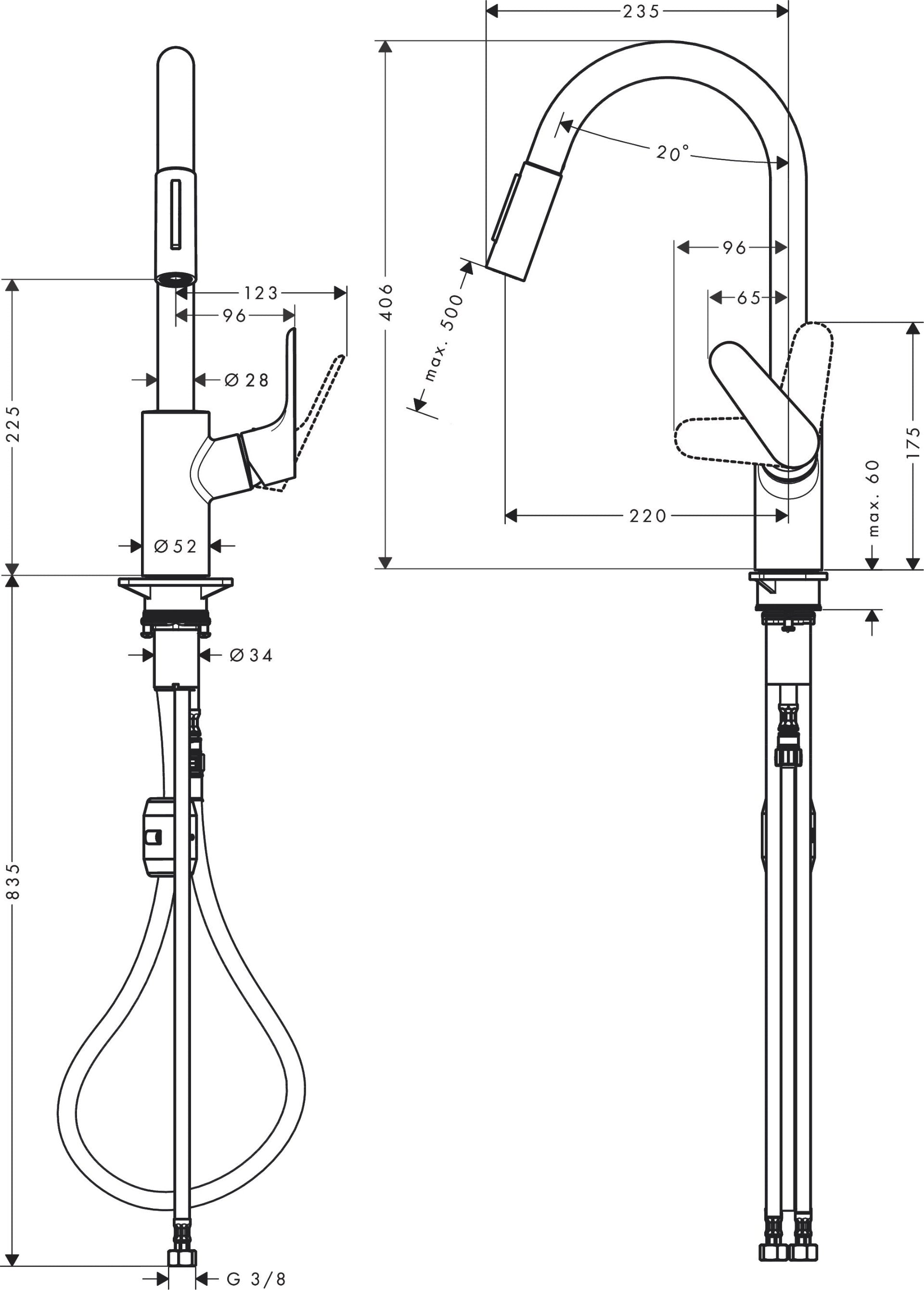 Hansgrohe Focus M41 yksiote keittiöhana 240 2jet, ulosvedettävä juoksuputki, 31846000, kromi, mittakuva