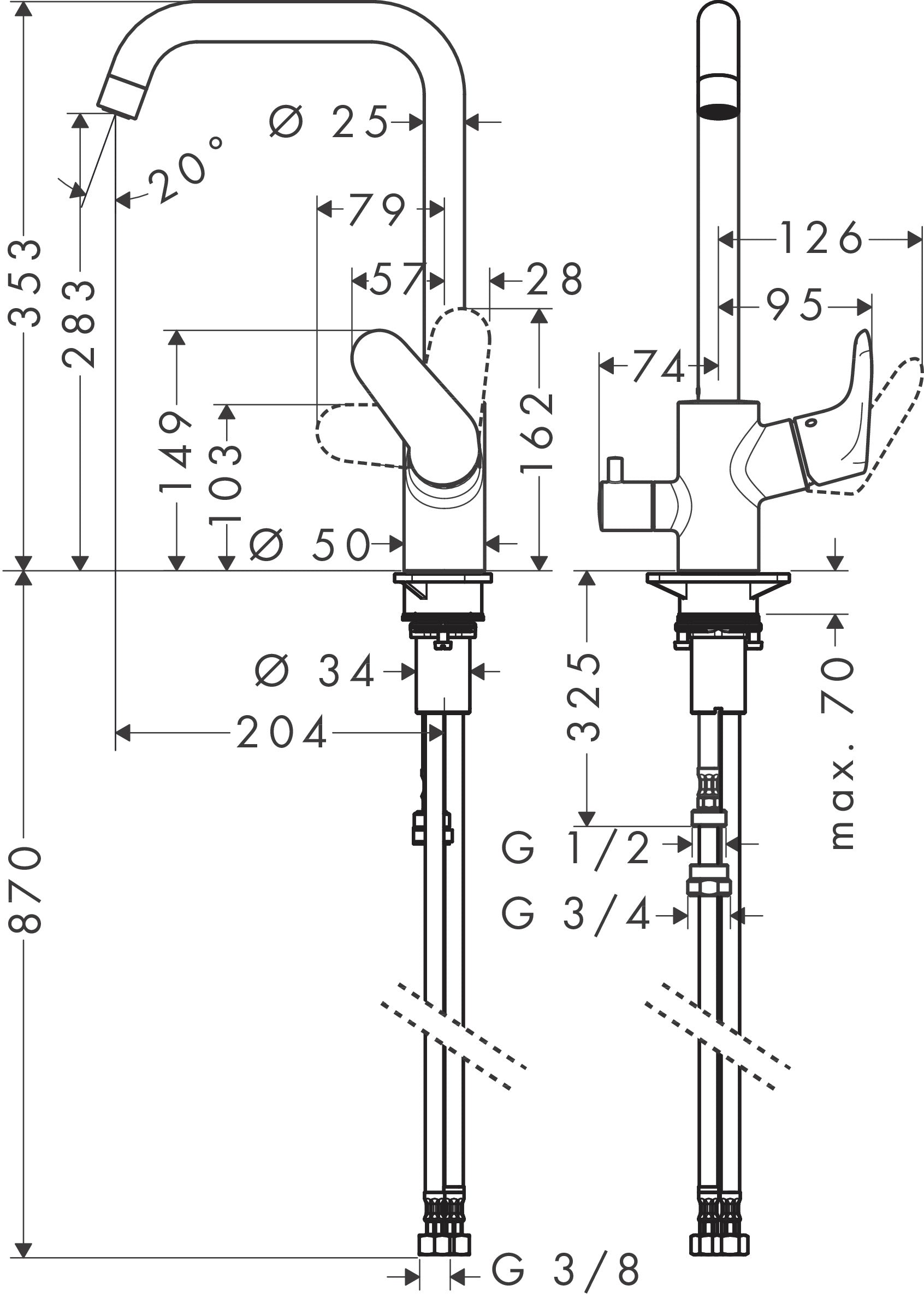Hansgrohe Focus M41 yksiote keittiöhana 260 1jet, pesukoneventtiili, 31831000, kromi, mittakuva