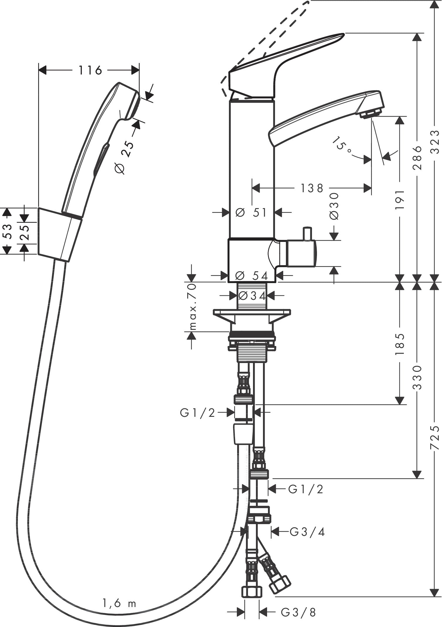 Hansgrohe Logis yksiote pesuallashana Bidette pesukoneventtiilillä, ilman pohjaventtiiliä, 31543000, kromi, mittakuva