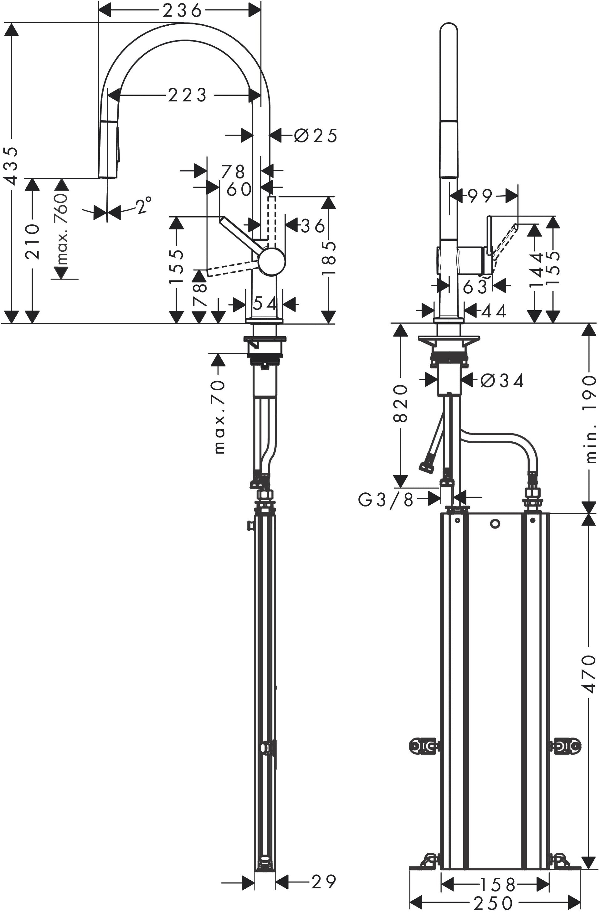 Hansgrohe Talis M54 yksiote keittiöhana 210 2jet, ulosvedettävä juoksuputki, Nordic sBox letkukotelo, 72847000, kromi, mittakuva