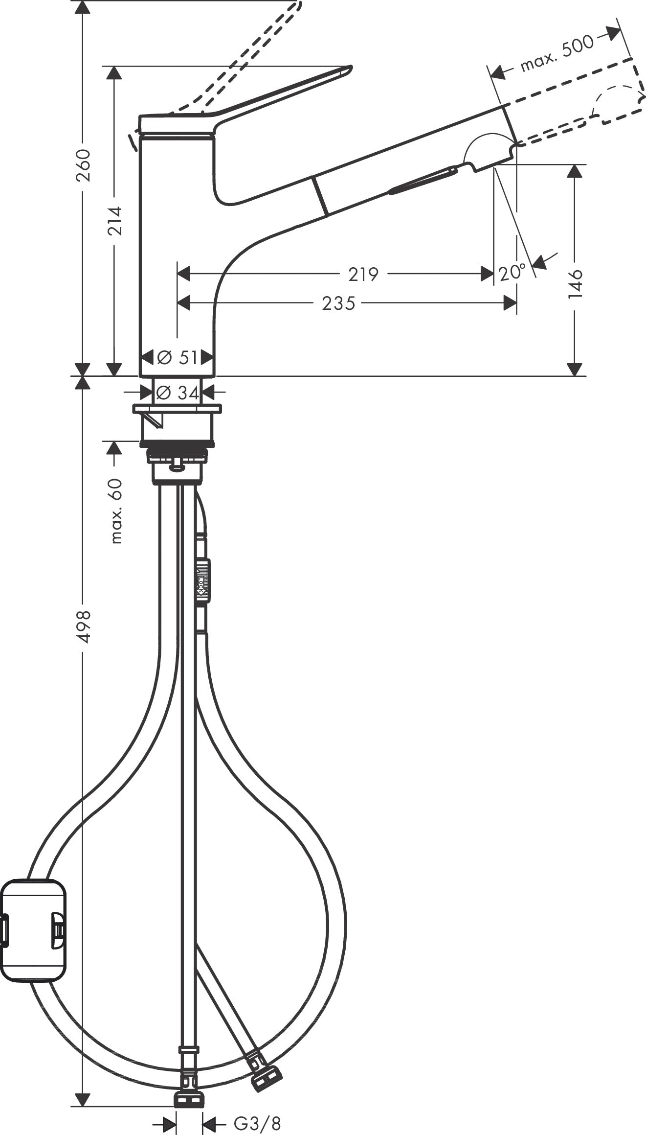 Hansgrohe Zesis M33 Yksiote keittiöhana 150 2jet, ulosvedettävä juoksuputki, 74816000, kromi, mittakuva