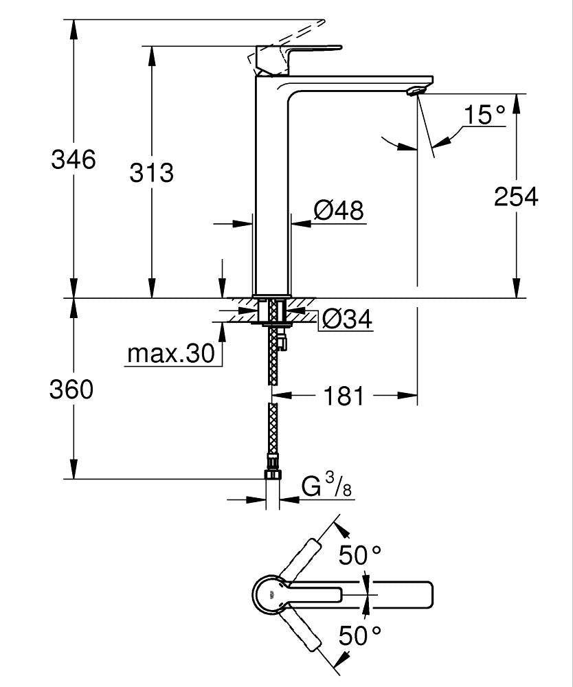 Korkea Grohe Lineare pesuallashana XL, 24252001, kromi, mittakuva