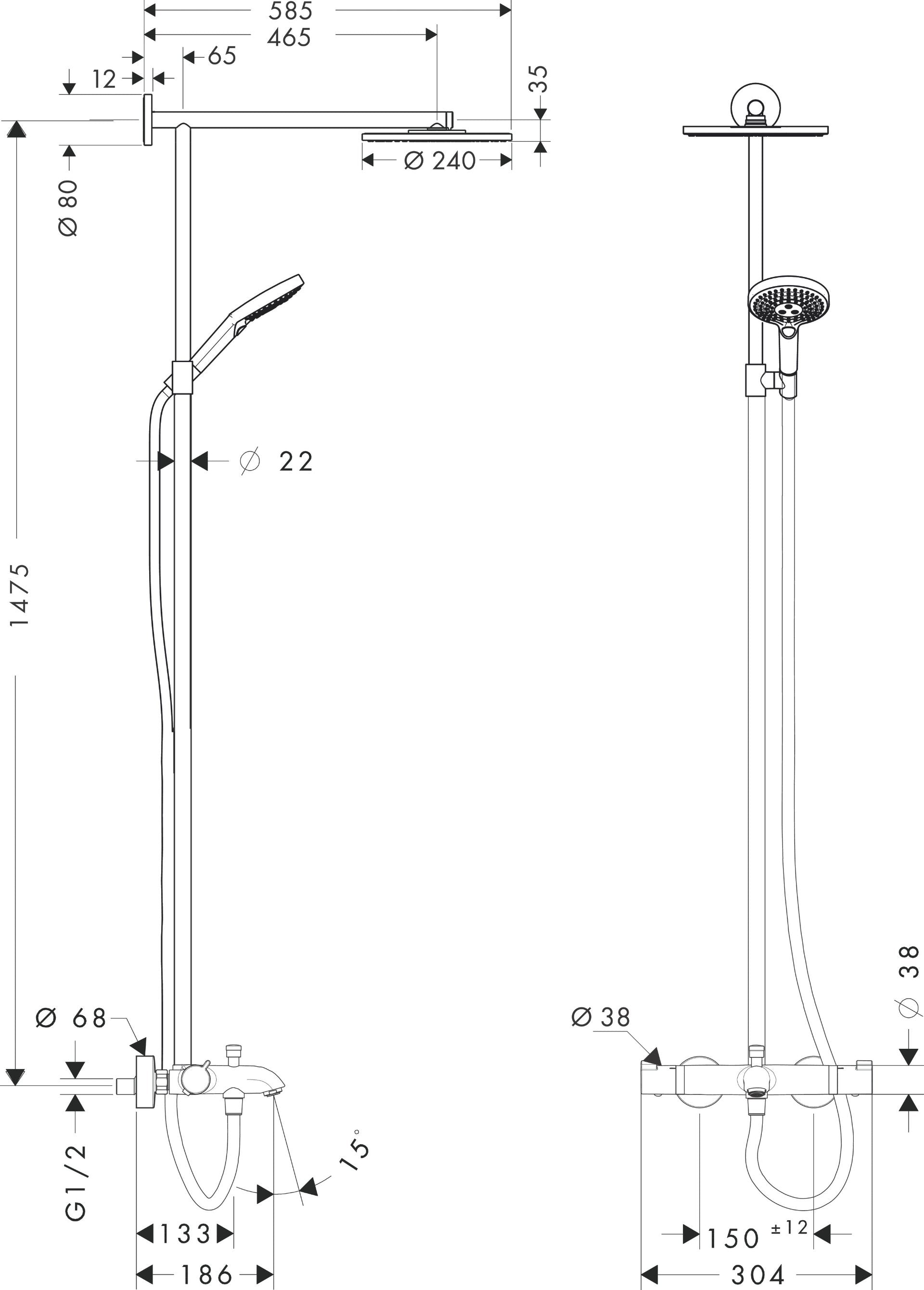 Raindance Showerpipe 240 Air 1jet EcoSmart amme/suihkutermostaatti, 27849000, kromi, mittakuva